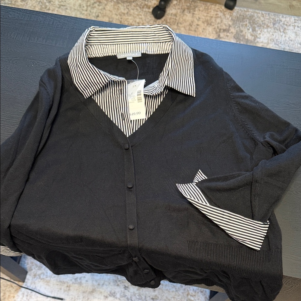 Essentials Black Layered-Look Button Down Shirt with Striped Collar